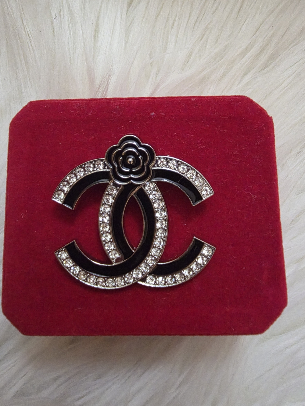 Black and Silver Crystal Interlocking Logo Brooch